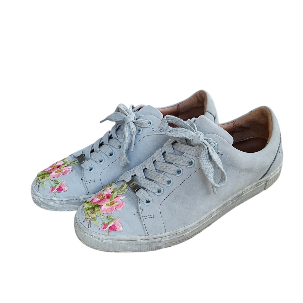 Frye Icy Blue Leather Sneakers with  Floral Toe Embroidery & Marble Look Sole